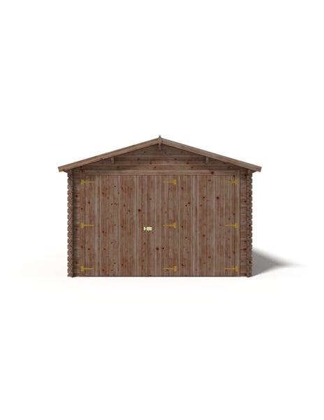 Holzgarage mit Satteldach und Doppeltür aus senkrechten Holzlatten.