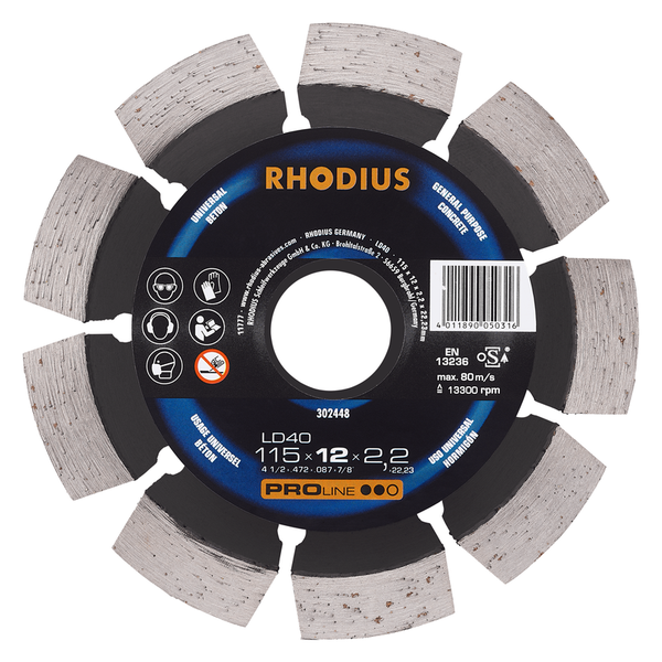 RHODIUS Diamanttrennscheibe LD40, 1 Stück, 115 x 12,0 x 2,2 x 22,23 mm für Beton, PROline