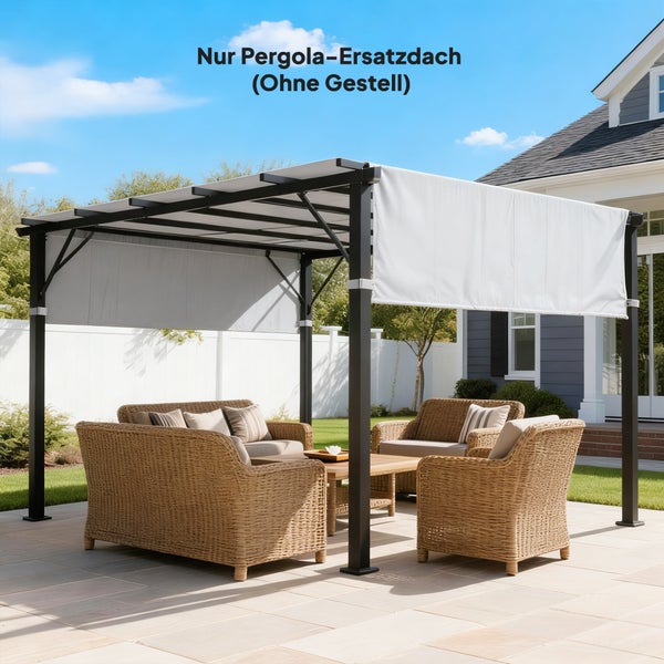 Pergola-Ersatzdach aus hellem Stoff auf einem schwarzen Metallgestell über einer Sitzgruppe aus Polyrattan auf einer Terrasse. Ohne Gestell.