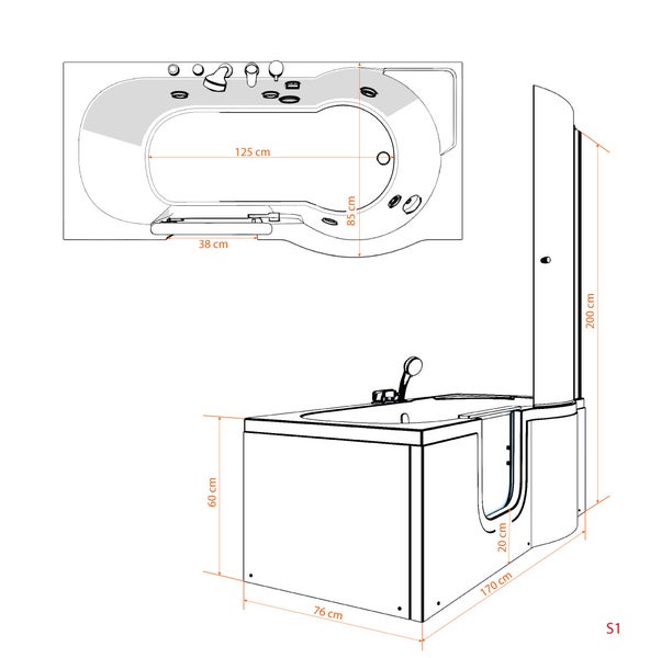 Seniorendusche Sitzwanne Tür S12D-AIR-L-EC 170x85cm