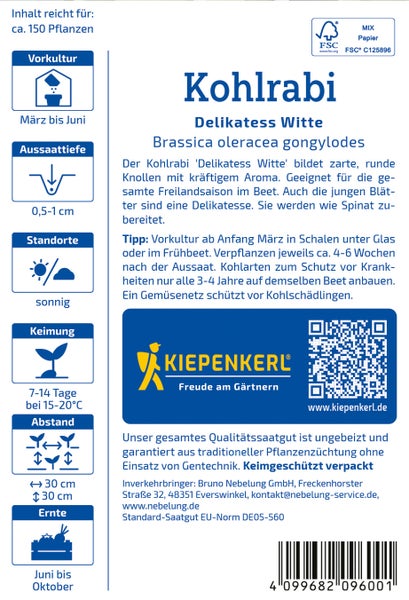 Saatgutpackung Kohlrabi Delikatess Witte von Kiepenkerl mit Anbauinformationen und FSC Zertifizierung