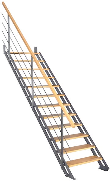 HANDYSTAIRS gerade Treppe „Synth2“ – Metalltreppe (grau) mit 13 Kiefernholzstufen – Höhe 2746 – 2956 mm