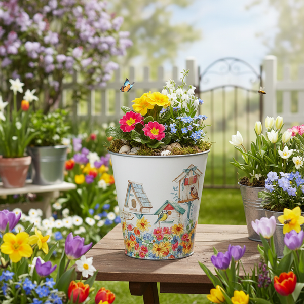 Dekorativer weißer Blumentopf mit Vogelhaus Motiv auf einem Holztisch bepflanzt mit bunten Frühlingsblumen in einem hellen Garten.