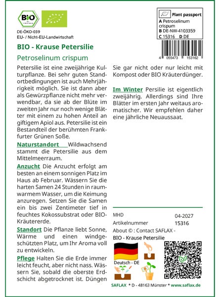 SAFLAX Geschenk Set - BIO - Krause Petersilie - Petroselinum crispum - 800 Samen - Mit Geschenkbox, Versandaufkleber, Geschenkkarte und Anzuchtsubstrat