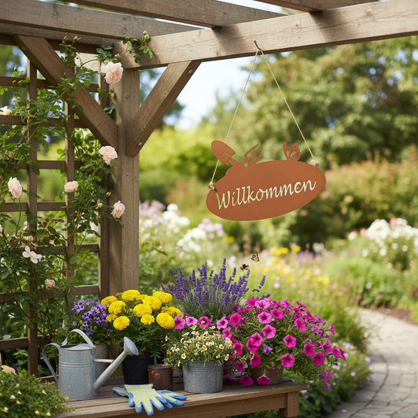 Hängeschild aus Metall mit Aufschrift Willkommen an einer Pergola im Garten mit Blumen wie Lavendel und Petunien.