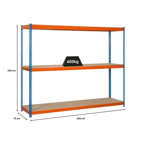 Schwerlastregal MID WOOD YETI THREE | HxBxT 150x150x75cm | Fachlast 400kg | Blau-Orange