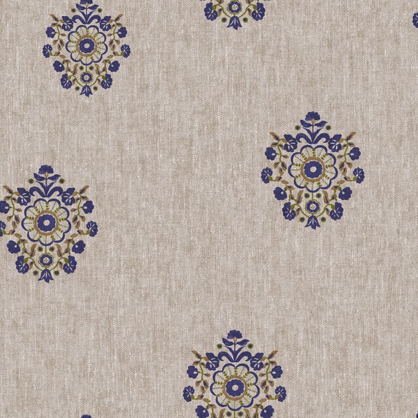 Vliestapete mit floralen Ornamenten im Vintage-Stil und strukturierter Leinenoptik.