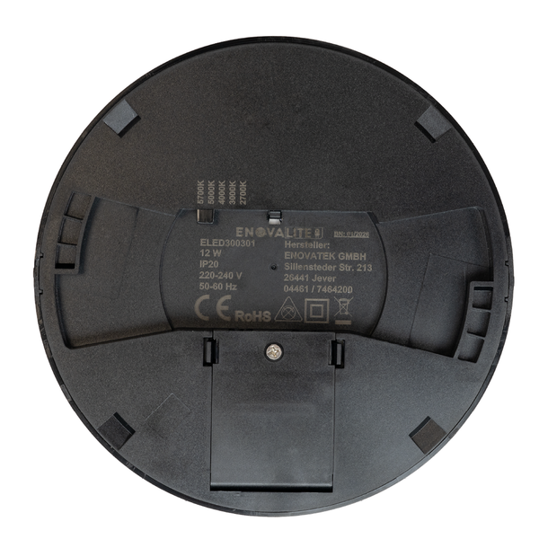 Rückseite einer runden LED-Leuchte mit ENOVALITE Logo, technischen Daten, Prüfzeichen und Schalter für verschiedene Farbtemperaturen.