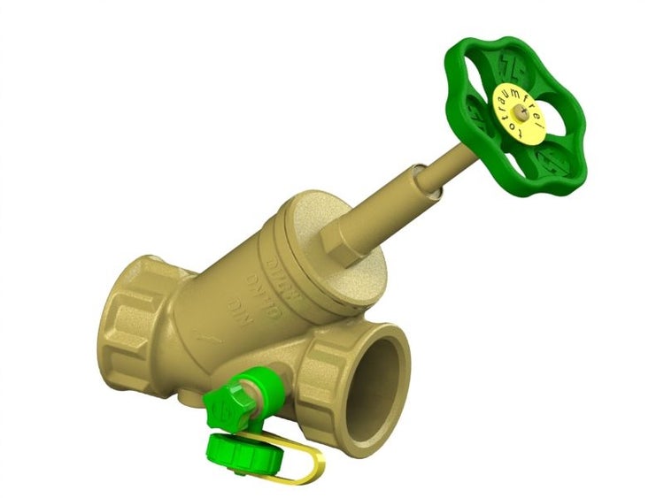 Freistromventil aus Messing mit Entleerung und grünem Handrad für die Wasserinstallation