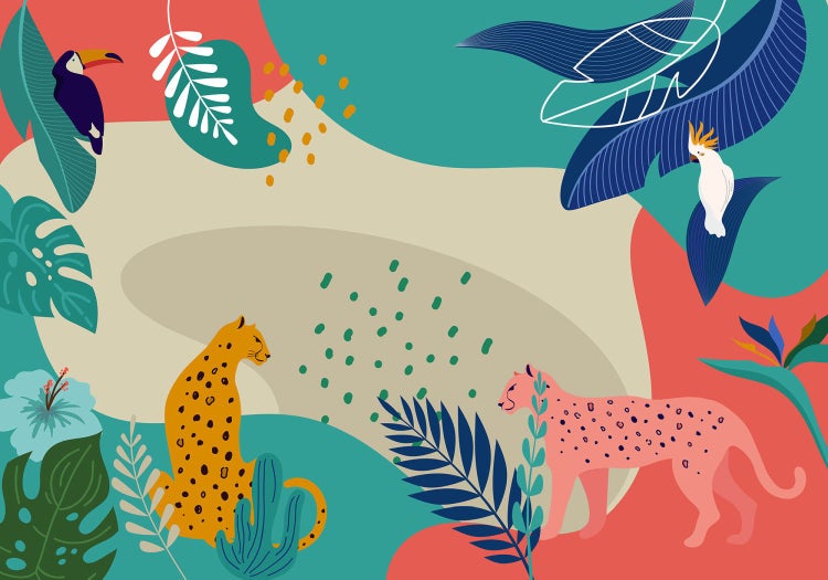 Illustration mit Dschungelmotiven, darunter Leoparden, ein Tukan, ein Kakadu und tropische Pflanzen