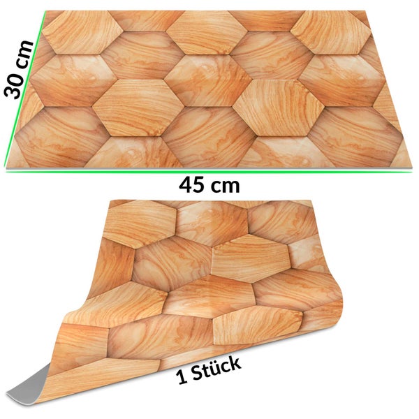 Wandpaneel in Holzoptik mit 3D Sechseckmuster, Maße 45 Zentimeter mal 30 Zentimeter, ein Stück.