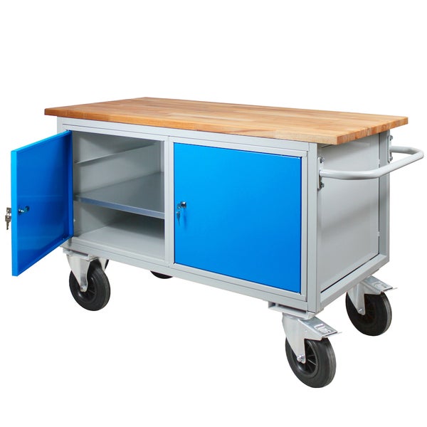PROREGAL Mobile Werkbank Rhino mit 2 Türen HxBxT 83 x 130 x 60 cm Traglast 500 kg Lichtgrau Blau