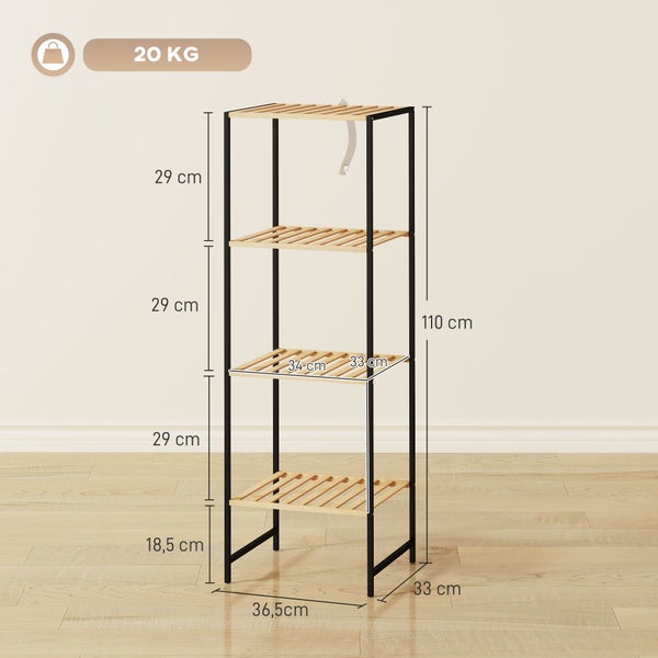 Schwarzes Regal aus Metall und Holz mit vier Böden. Höhe 110 Zentimeter, Breite 36,5 Zentimeter, Tiefe 33 Zentimeter. Tragkraft 20 Kilogramm.