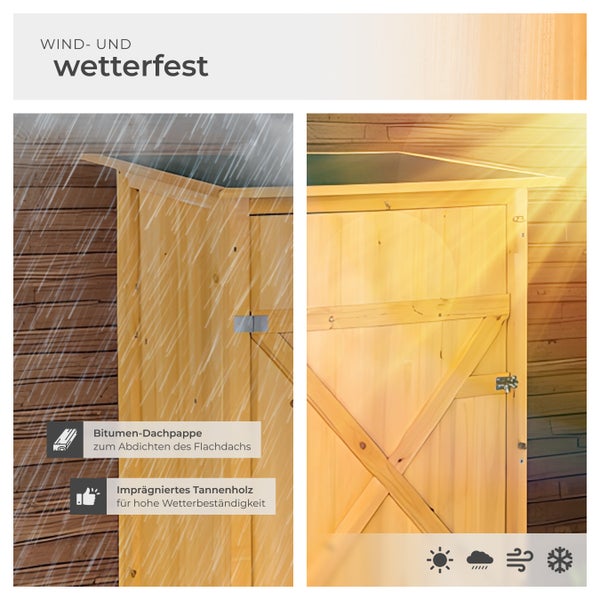 Wind- und wetterfester Geräteschuppen aus imprägniertem Tannenholz mit Bitumen-Dachpappe