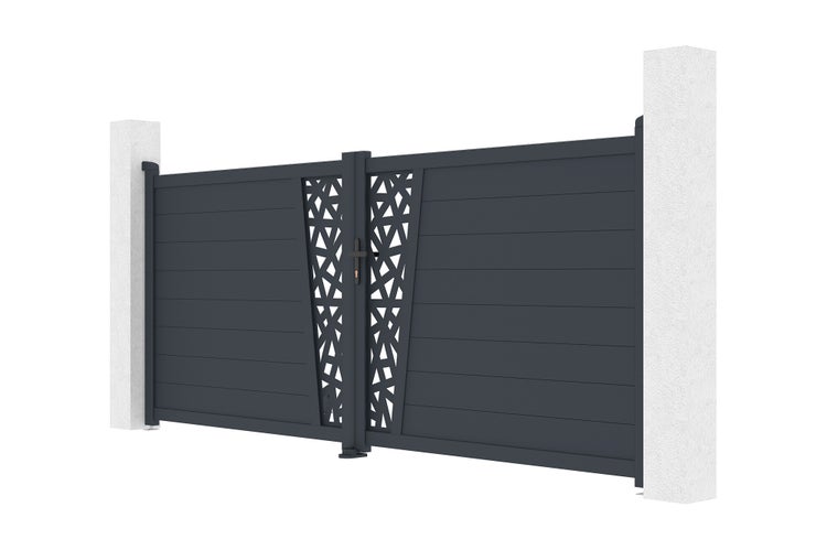 Zweiflügeliges Einfahrtstor in Anthrazit aus Aluminium mit horizontalen Paneelen und dekorativem Lochmuster zwischen zwei Pfosten.