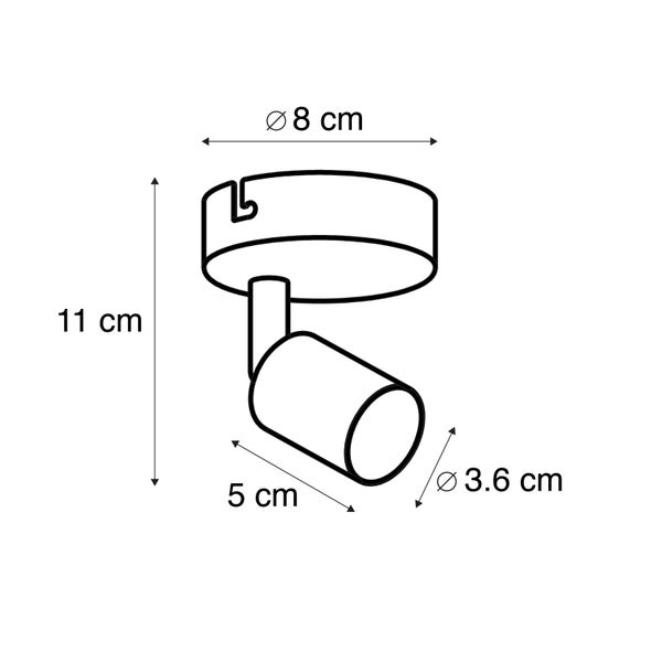 Maßzeichnung Deckenspot: Durchmesser 8 Zentimeter, Höhe 11 Zentimeter, Spotlänge 5 Zentimeter, Spotdurchmesser 3,6 Zentimeter.