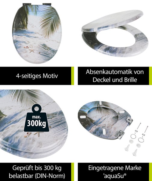 Toilettendeckel mit Sandstrand-Motiv und Maßangaben
