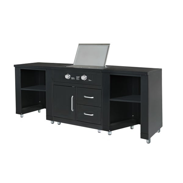 Schwarze modulare Außenküche mit integriertem Gasgrill, Schranktüren, Schubladen und offenen Regalen.