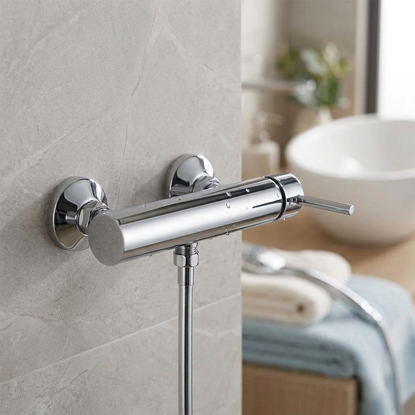 Moderne, zylindrische Brausearmatur aus Chrom an einer hellen Fliesenwand mit seitlichem Bedienhebel und Anschluss für einen Brauseschlauch.