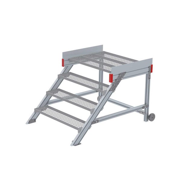 Mobile Arbeitstreppe aus Aluminium mit Gitterroststufen und Plattform auf Rollen.