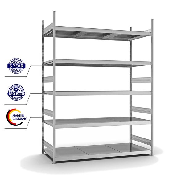 PROREGAL Weitspannregal Stecksystem T-Profil Grundregal HxBxT 300x225x80 cm 5 Ebenen Stahlplatten Fachboden Fachlast 350 kg Verzinkt