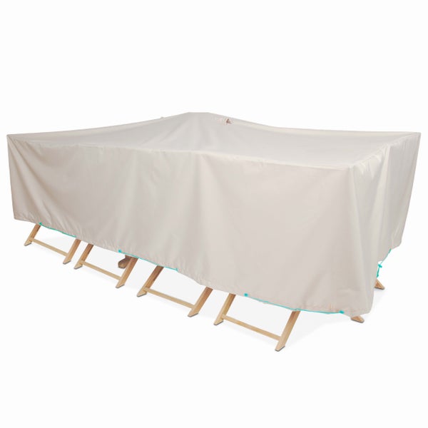 Rechteckige Schutzhülle für Gartenmöbel-Sets aus wetterfestem Gewebe mit Ösen und Befestigungskordel.