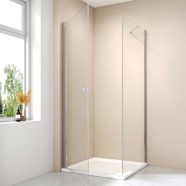 EMKE Eckeinstieg Duschkabine 90x80cm, Duschabtrennung Pendeltür Duschwand Schwingtür Duschtür Mit Seitenwand, 6mm ESG Glas, 185cm Höhe