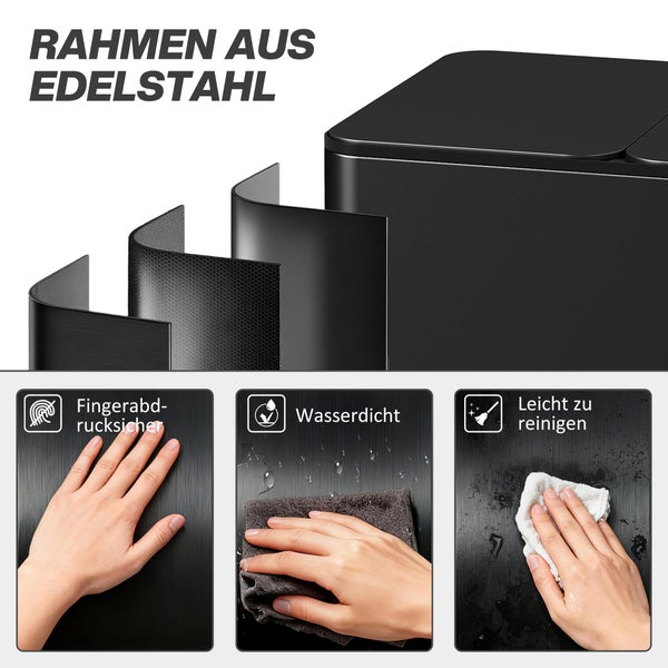 Badezimmer mit Waschtisch, Spiegel, Regal, Wäschekorb und Dekoration vor sechseckigen Fliesen