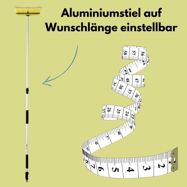 Teleskopierbarer Aluminiumstiel mit Bürste, individuell auf die gewünschte Länge einstellbar.