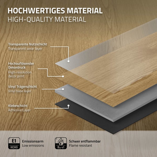 ML-Design Deluxe PVC Bodenbelag, Selbstklebende Vinyl-Dielen, Vinylboden, 91,5 cm x 15,3 cm x 2 mm, Dicke 2 mm, 6,69m²/48 Dielen, Natur Eiche, Holzoptik, rutschfest, wasserfest, Einfache Verlegung