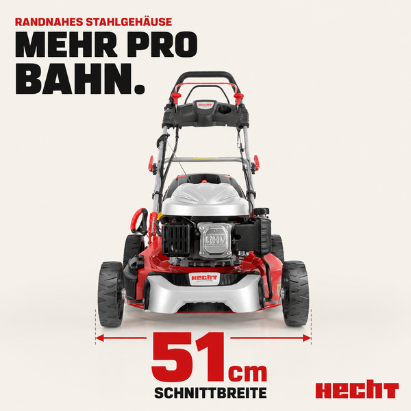 Hecht Benzin-Rasenmäher mit 51 Zentimeter Schnittbreite, Stahlgehäuse und OHV-Motor.