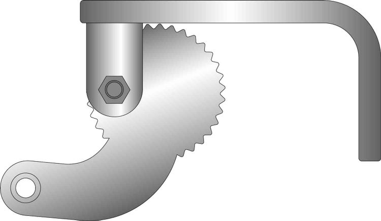 Mechanischer Rastmechanismus aus Metall mit gezahntem Stellrad und Montagearm.