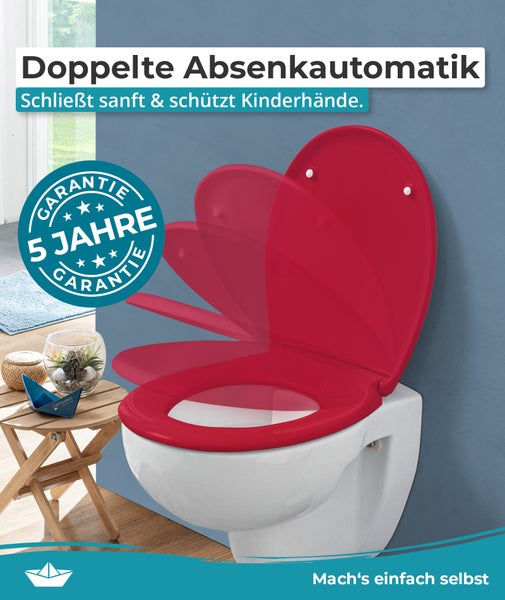 Calmwaters® Premium WC Sitz einfache Montage, Toilettendeckel bis 250 kg, Made in EU, antibakterieller Duroplast, Absenkautomatik, 2 Montage Optionen, abnehmbar, Klobrille, oval, Rot