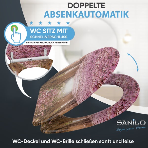 SANILO WC-Sitz mit floralem Muster, doppelter Absenkautomatik und Schnellverschluss für einfaches Abnehmen.