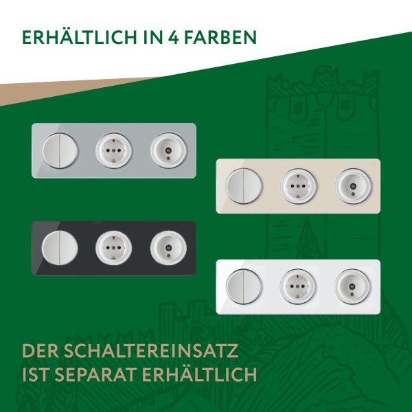Vier verschiedene Abdeckrahmen für Steckdosen und Schalter zur Auswahl. Der Schaltereinsatz ist separat erhältlich.