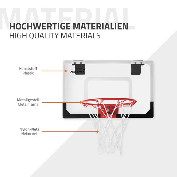 Hauki Mini Basketballkorb fürs Zimmer im Set 3 Bälle Ø16cm, Netz, Pumpe, 58x40 cm, Weiß, tragbar, Backboard Tür/Wandmontage, ohne Bohren, Indoor Basketball Hoop hängend, Hängebrett Basketballbrett
