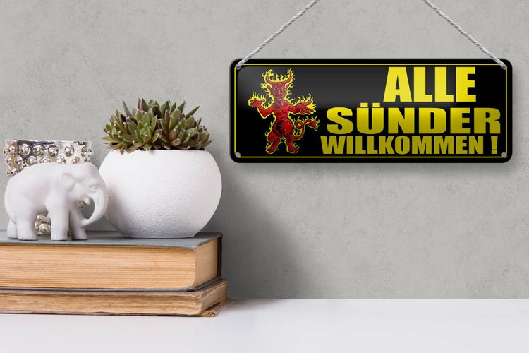 Blechschild Spruch 27x10cm Alle Sünder willkommen Teufelchen