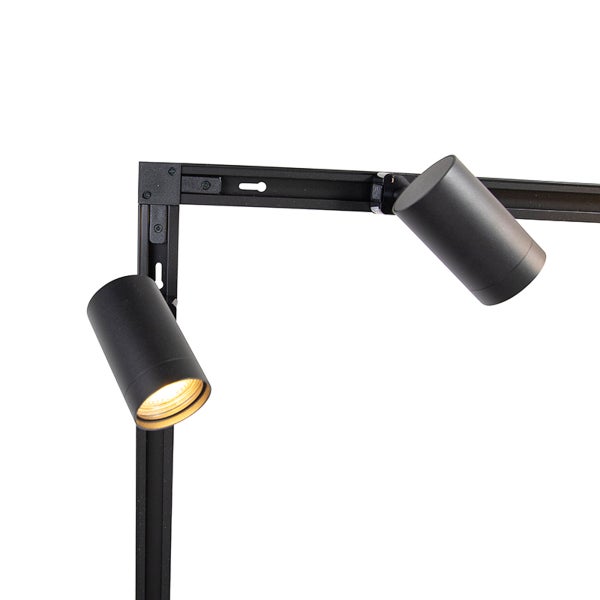 Schwarzes Schienensystem mit zwei verstellbaren LED Strahlern zur Deckenmontage