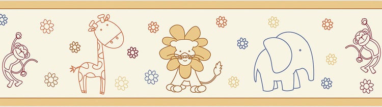 Tapetenborte für das Kinderzimmer mit Tiermotiven wie Affe, Giraffe, Löwe und Elefant sowie kleinen Blumen.