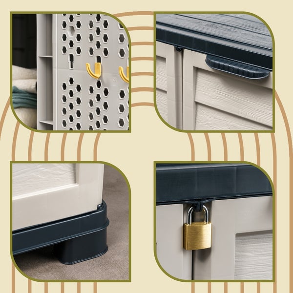 Detailansicht eines Aufbewahrungsschranks mit Haken, Griff, Füßen und Schloss