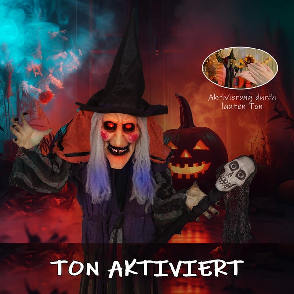Animierte Halloween Hexe mit Soundaktivierung, Kürbis und Totenkopf