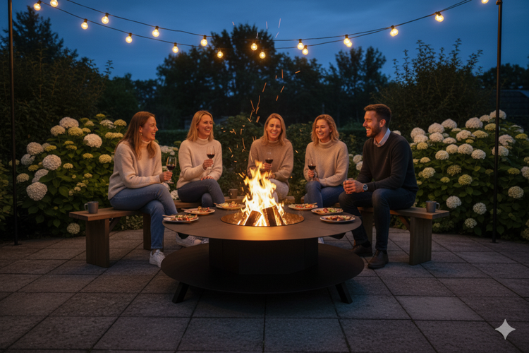 Gruppe von Personen, die um einen Feuerkorb auf einer Terrasse sitzen, mit Lichterkette
