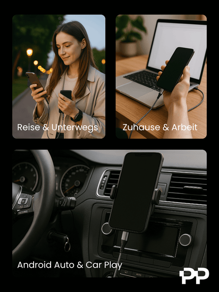 USB-Ladekabel in verschiedenen Situationen: Unterwegs mit Powerbank, am Laptop im Büro und im Auto für Android Auto und CarPlay. PP Logo.