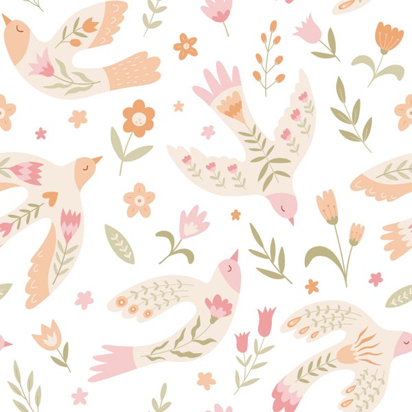 Nahtloses Muster mit stilisierten Vögeln und Blumen