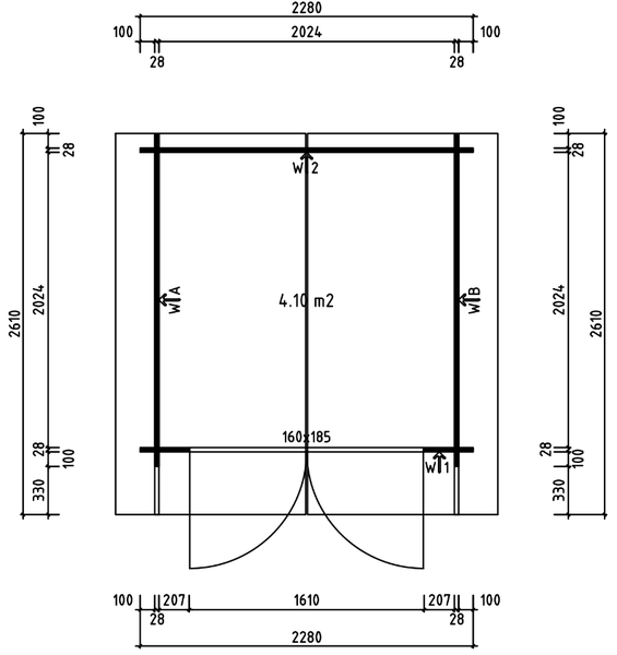 Technischer Grundriss eines Gartenhauses mit Maßangaben in Millimeter und einer Grundfläche von 4,10 Quadratmeter.