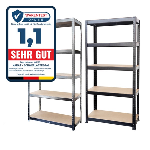 Karat Schwerlastregal mit fünf Holzböden und Warentest Online Auszeichnung sehr gut 1,1.
