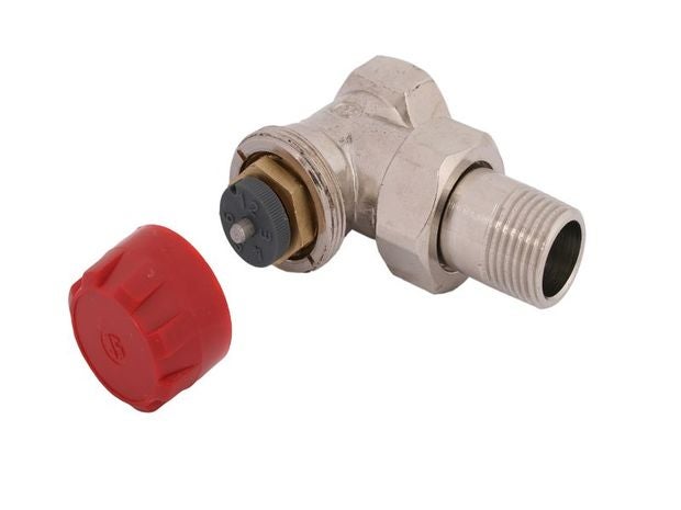 Heizkörperventil-Unterteil aus vernickeltem Messing mit roter Schutzkappe und Gewindeanschluss.