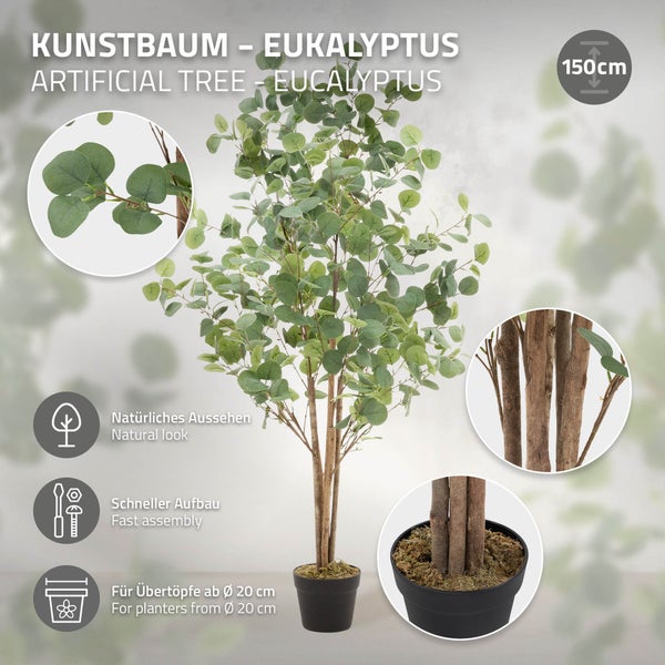 ML-Design Künstliche Eukalyptus 150 cm, Künstliche Pflanzen groß, Kunstpflanze mit Naturholzstamm, Fake Plastikpflanzen im Topf, Deko für Drinnen und Draußen, Kunstbaum wie echt für Wohnzimmer Büro
