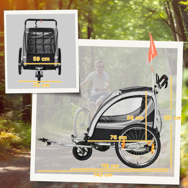 HOMCOM 2 in 1 Kinderanhänger klappbar Fahrradanhänger mit abnehmbarem Vorderrad, Hinterradbremsen, Kinderfahrradanhänger für 2 Kinder ab 18 Monate, bis 26,4 kg belastbar, Grau