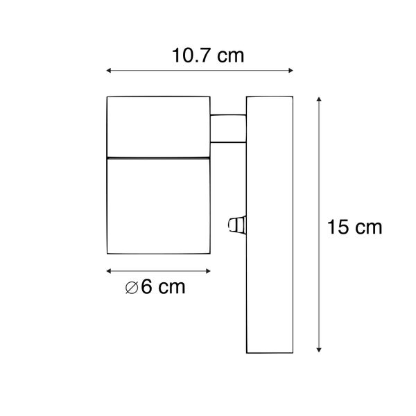 Maßzeichnung einer Wandleuchte mit einer Gesamthöhe von 15 Zentimetern, einer Breite von 10,7 Zentimetern und einem Lampendurchmesser von 6 Zentimetern.